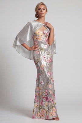 Long Mermaid Sparkly Silver Sequin Floral Mother of the Bride Dress with Cape