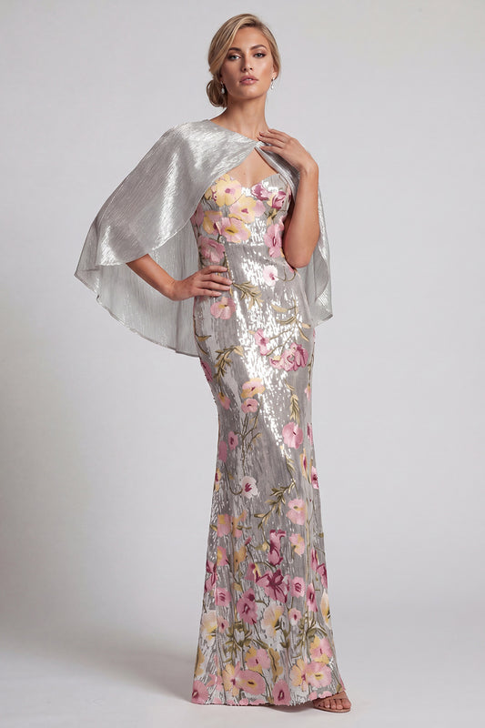 Long Mermaid Sparkly Silver Sequin Floral Mother of the Bride Dress with Cape