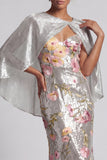 Long Mermaid Sparkly Silver Sequin Floral Mother of the Bride Dress with Cape