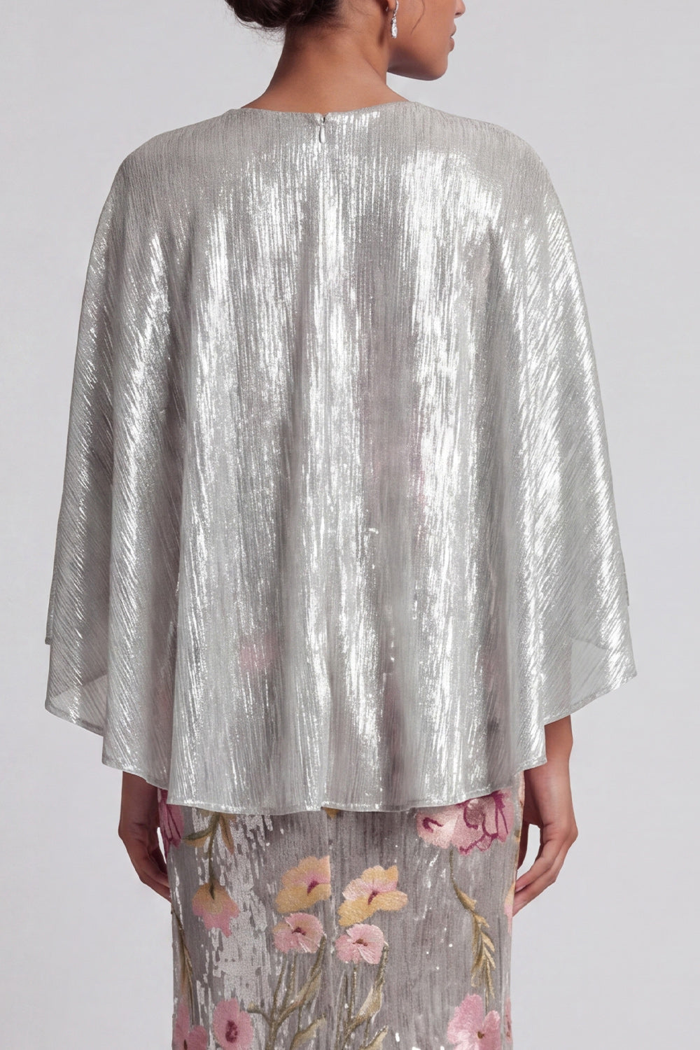 Long Mermaid Sparkly Silver Sequin Floral Mother of the Bride Dress with Cape