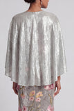 Long Mermaid Sparkly Silver Sequin Floral Mother of the Bride Dress with Cape