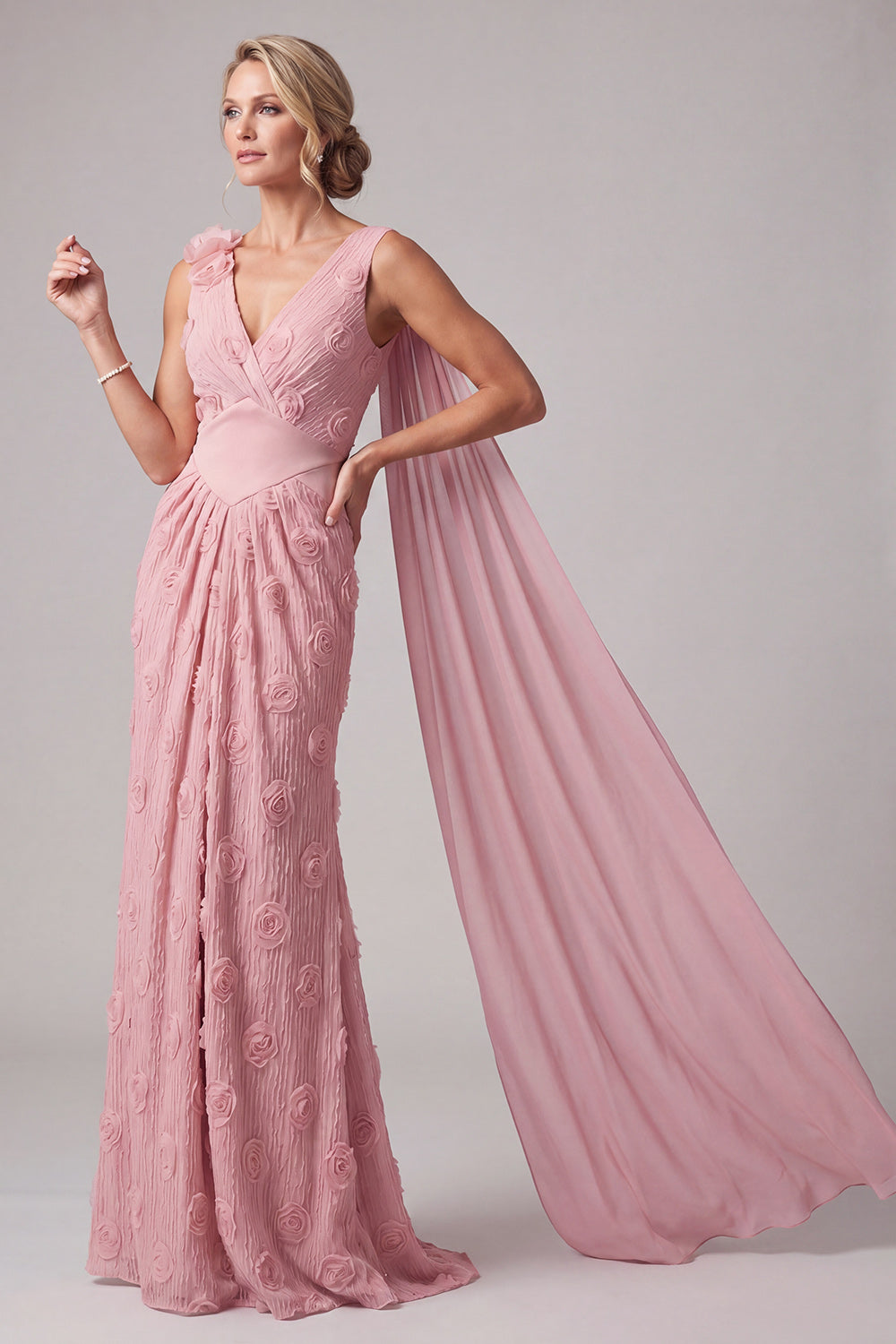 Pink V-Neck Mermaid Long Floral Mother of the Bride Dress with Side Cape