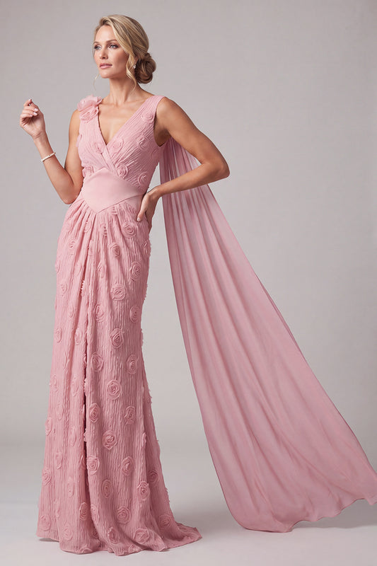 Pink V-Neck Mermaid Long Floral Mother of the Bride Dress with Side Cape