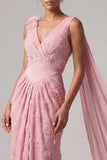 Pink V-Neck Mermaid Long Floral Mother of the Bride Dress with Side Cape