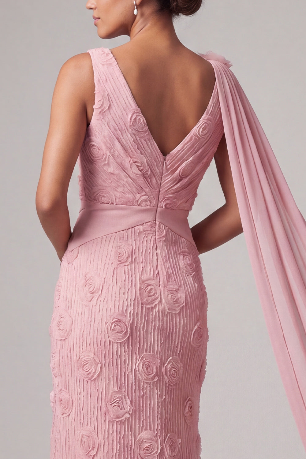 Pink V-Neck Mermaid Long Floral Mother of the Bride Dress with Side Cape