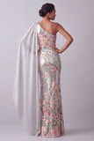 Sequin Floral Long Mermaid Sparkly Silver Mother of the Bride Dress with Side Cape