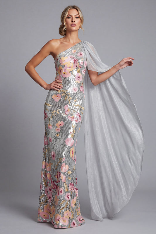 Sequin Floral Long Mermaid Sparkly Silver Mother of the Bride Dress with Side Cape