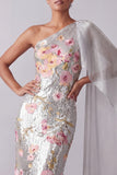 Sequin Floral Long Mermaid Sparkly Silver Mother of the Bride Dress with Side Cape