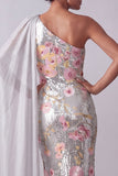 Sequin Floral Long Mermaid Sparkly Silver Mother of the Bride Dress with Side Cape