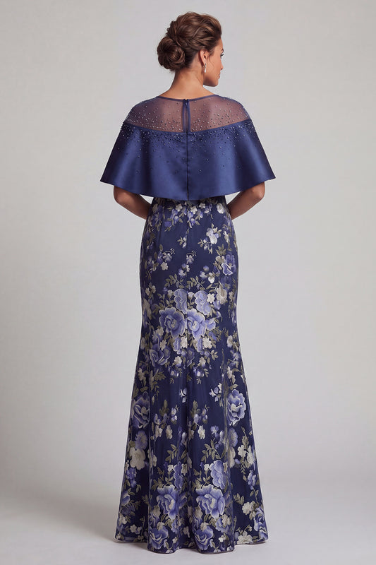 Long Navy Floral Beaded Mermaid Mother of the Bride Dress with Cape