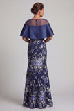 Long Navy Floral Beaded Mermaid Mother of the Bride Dress with Cape