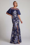 Long Navy Floral Beaded Mermaid Mother of the Bride Dress with Cape