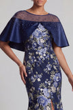 Long Navy Floral Beaded Mermaid Mother of the Bride Dress with Cape