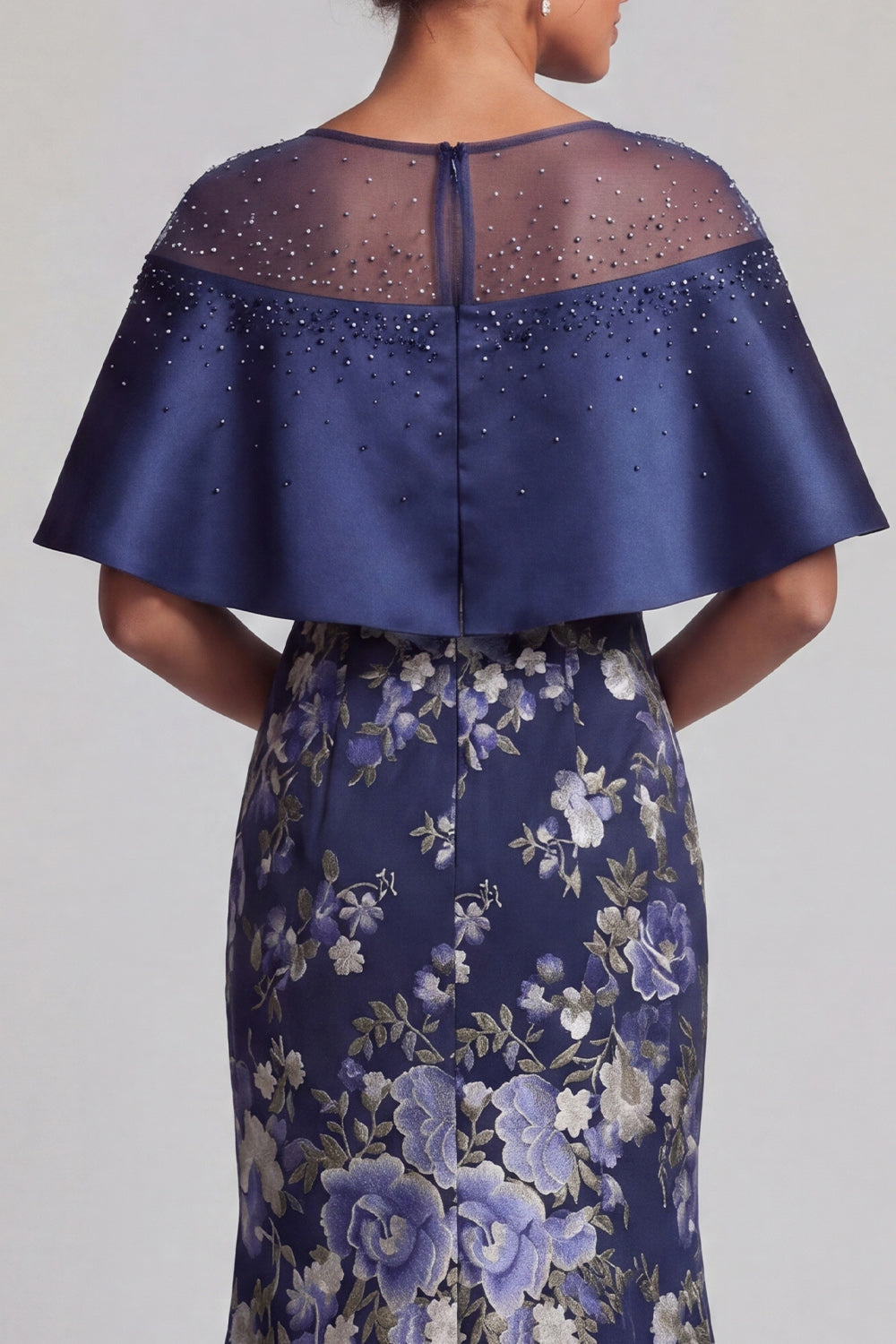 Long Navy Floral Beaded Mermaid Mother of the Bride Dress with Cape
