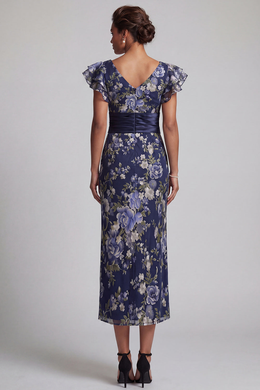 Navy Floral Sheath Maxi Mother of the Bride Dress with Ruffles