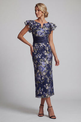 Navy Floral Sheath Maxi Mother of the Bride Dress with Ruffles