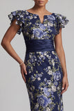 Navy Floral Sheath Maxi Mother of the Bride Dress with Ruffles