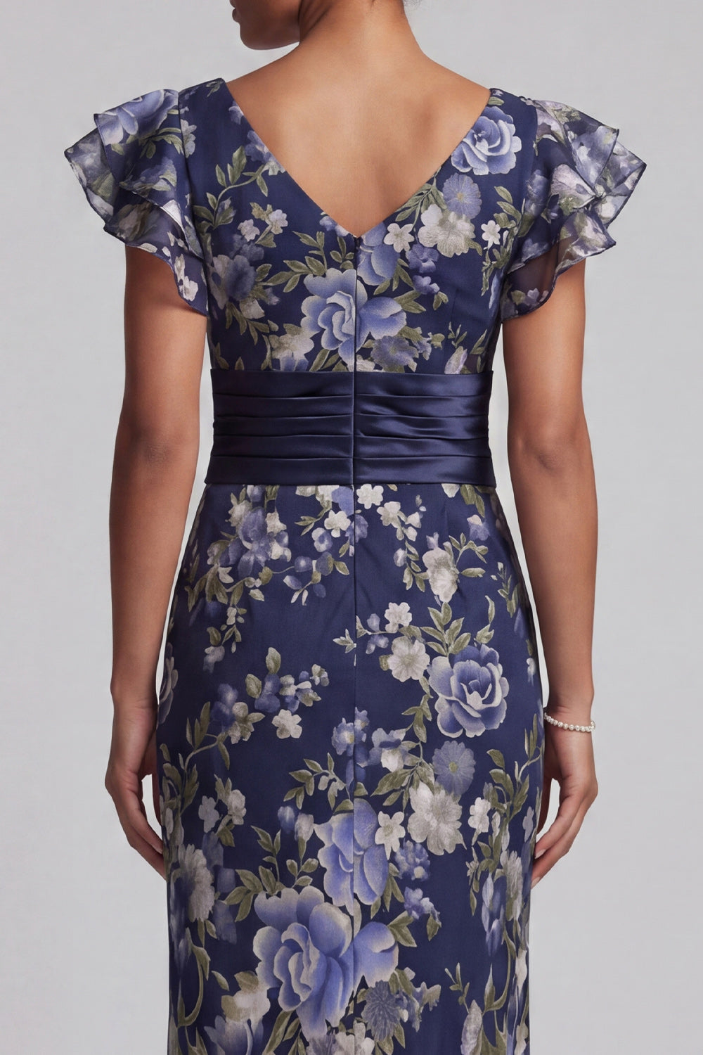 Navy Floral Sheath Maxi Mother of the Bride Dress with Ruffles