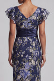 Navy Floral Sheath Maxi Mother of the Bride Dress with Ruffles