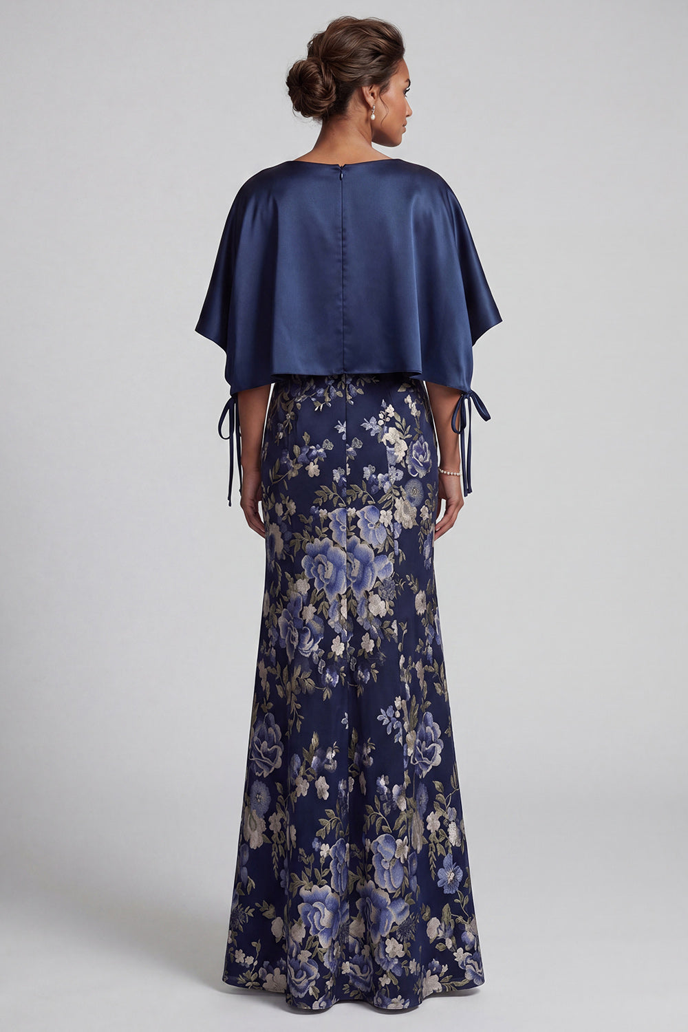 V-Neck Mermaid Long Navy Floral Mother of the Bride Dress with Cape