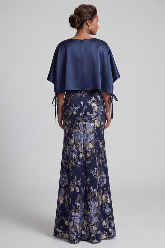 V-Neck Mermaid Long Navy Floral Mother of the Bride Dress with Cape