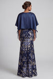 V-Neck Mermaid Long Navy Floral Mother of the Bride Dress with Cape
