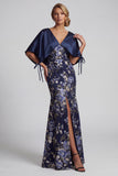 V-Neck Mermaid Long Navy Floral Mother of the Bride Dress with Cape