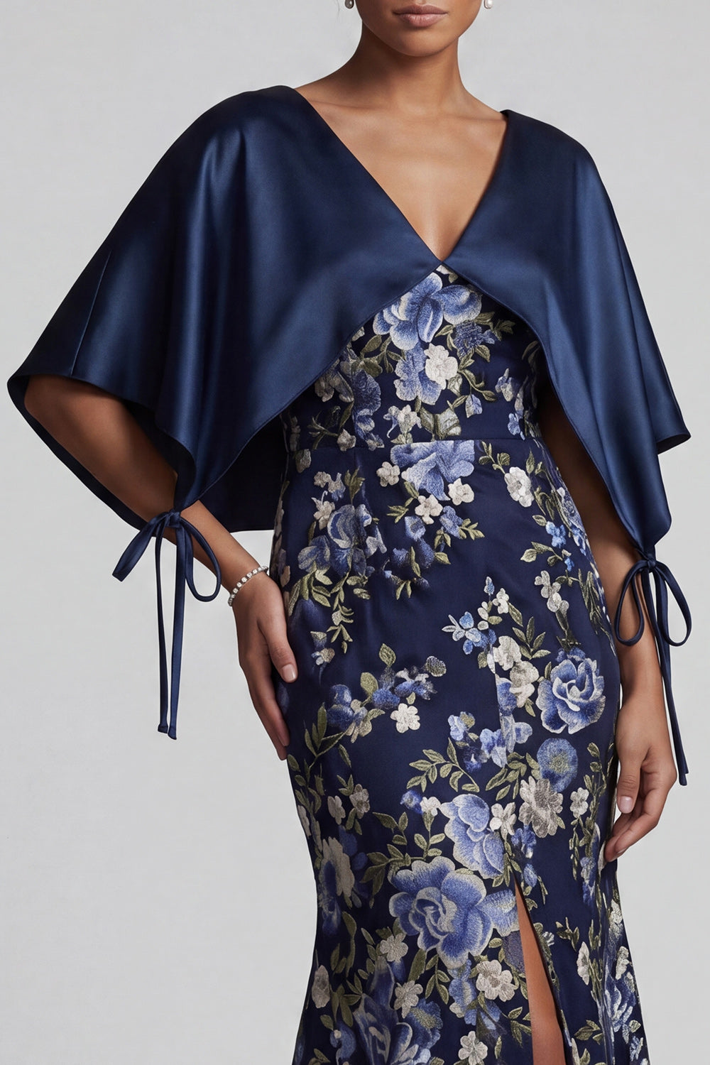 V-Neck Mermaid Long Navy Floral Mother of the Bride Dress with Cape