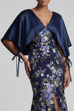 V-Neck Mermaid Long Navy Floral Mother of the Bride Dress with Cape