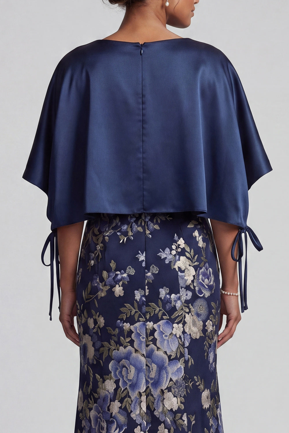 V-Neck Mermaid Long Navy Floral Mother of the Bride Dress with Cape