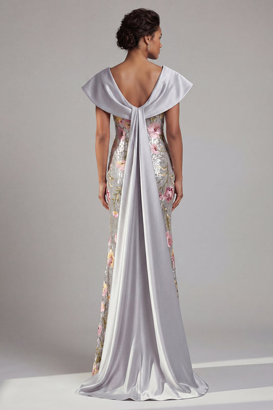 V-Neck Sequin Floral Long Mermaid Sparkly Silver Mother of the Bride Dress with Cape