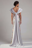 V-Neck Sequin Floral Long Mermaid Sparkly Silver Mother of the Bride Dress with Cape