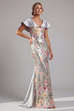 V-Neck Sequin Floral Long Mermaid Sparkly Silver Mother of the Bride Dress with Cape