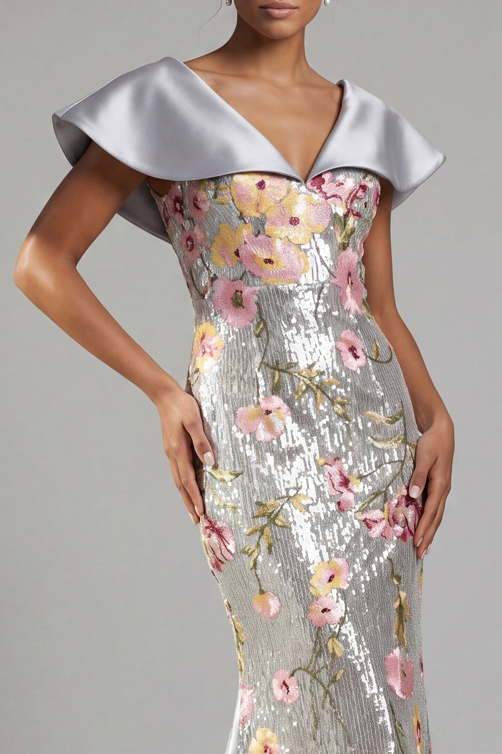 V-Neck Sequin Floral Long Mermaid Sparkly Silver Mother of the Bride Dress with Cape