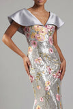 V-Neck Sequin Floral Long Mermaid Sparkly Silver Mother of the Bride Dress with Cape