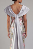 V-Neck Sequin Floral Long Mermaid Sparkly Silver Mother of the Bride Dress with Cape