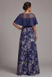 A Line Long Navy Floral Beaded Mother of the Bride Dress with Cape