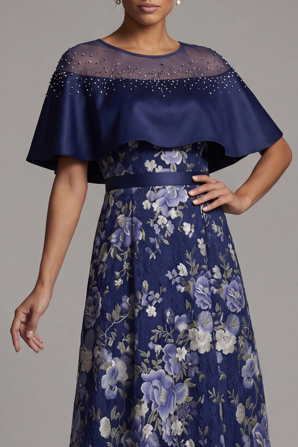 A Line Long Navy Floral Beaded Mother of the Bride Dress with Cape
