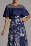 A Line Long Navy Floral Beaded Mother of the Bride Dress with Cape