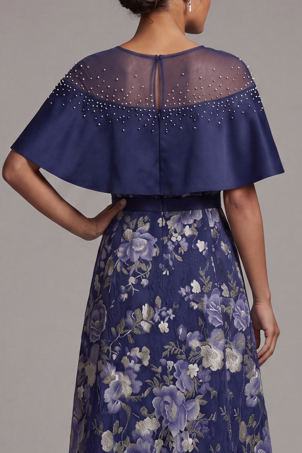 A Line Long Navy Floral Beaded Mother of the Bride Dress with Cape