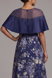 A Line Long Navy Floral Beaded Mother of the Bride Dress with Cape