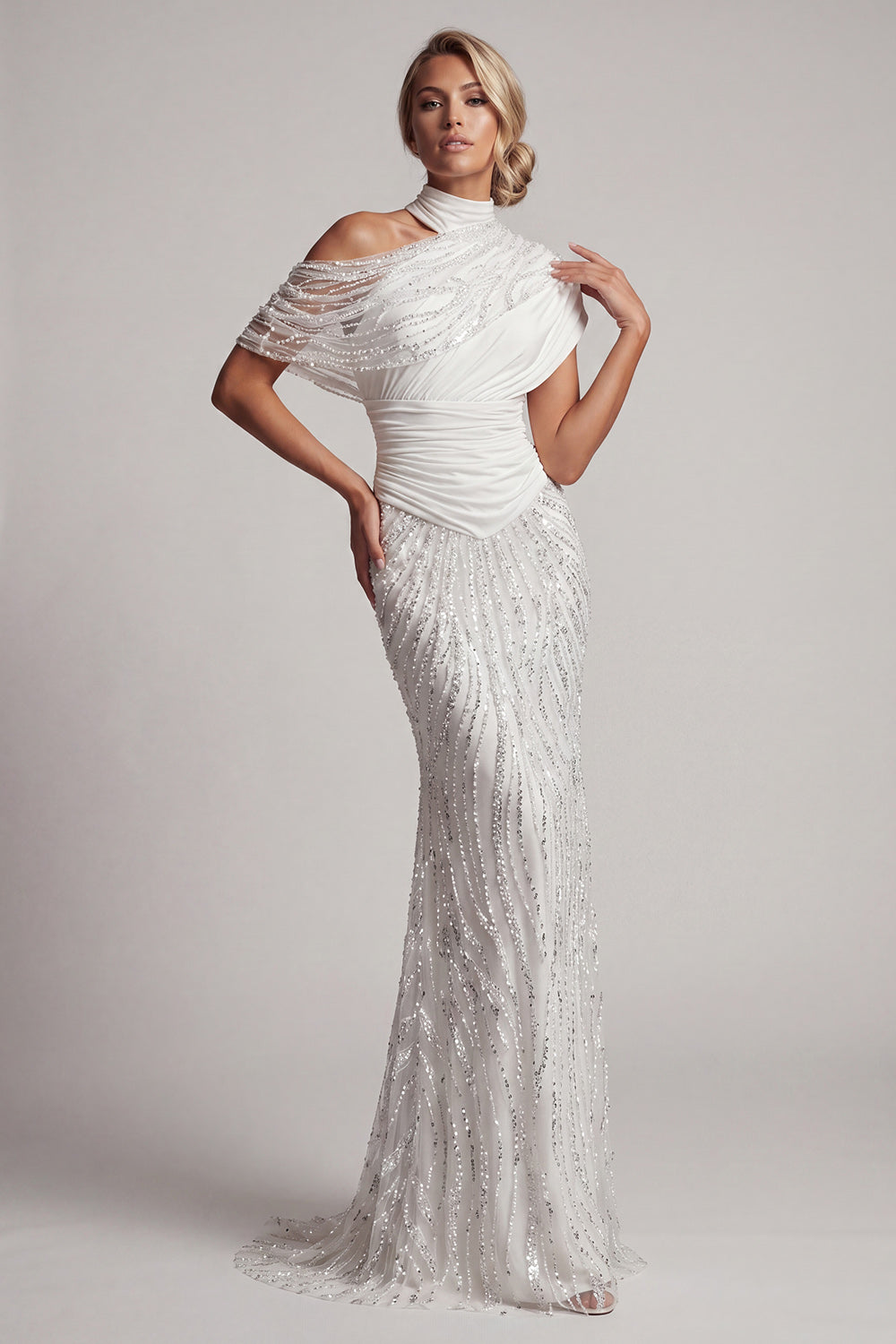 Sparkly White Long Beaded Mother of the Bride Dress High Neck Mermaid Ruched Formal Dress