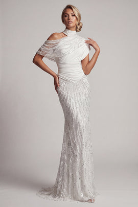 Sparkly White Long Beaded Mother of the Bride Dress High Neck Mermaid Ruched Formal Dress