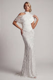 Sparkly White Long Beaded Mother of the Bride Dress High Neck Mermaid Ruched Formal Dress