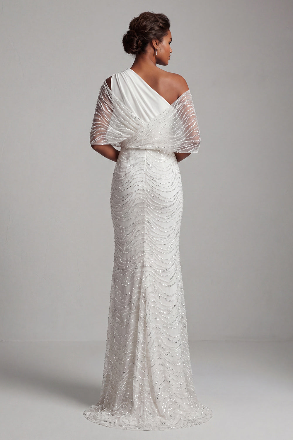 Sparkly White Long Beaded Mermaid Ruched Mother of the Bride Dress