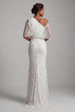 Sparkly White Long Beaded Mermaid Ruched Mother of the Bride Dress