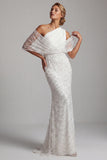 Sparkly White Long Beaded Mermaid Ruched Mother of the Bride Dress