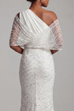 Sparkly White Long Beaded Mermaid Ruched Mother of the Bride Dress