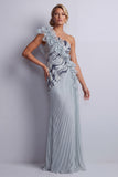 Sheath Sparkly Dusty Blue Long Beaded Mother of the Bride Dress with Ruffles