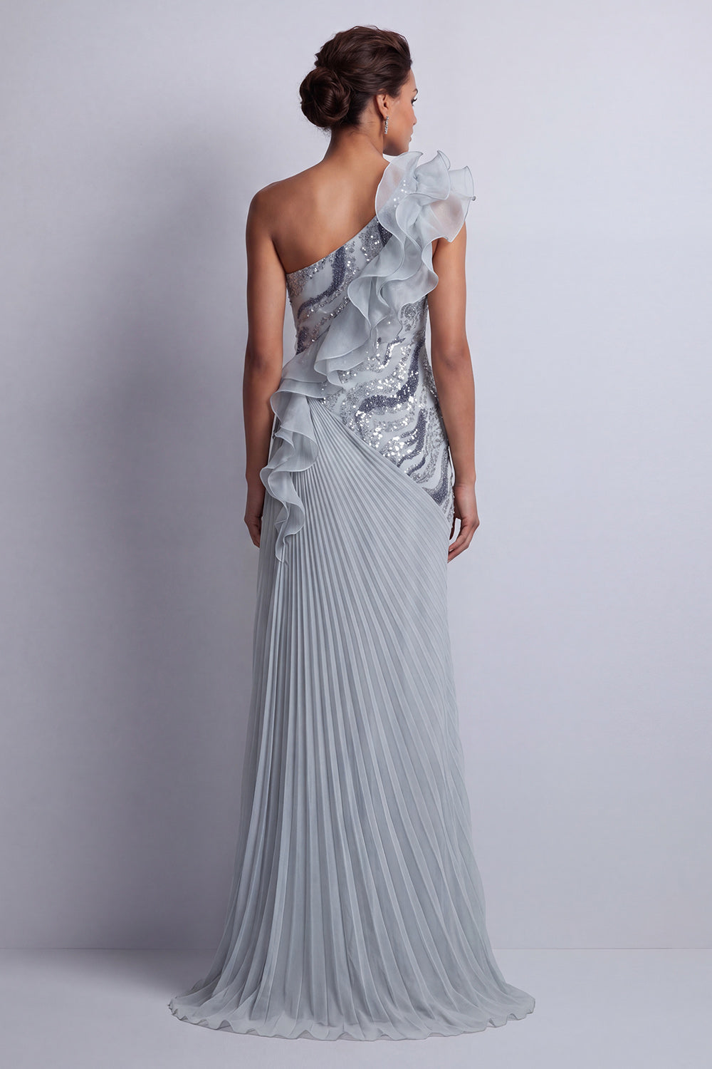 Sheath Sparkly Dusty Blue Long Beaded Mother of the Bride Dress with Ruffles